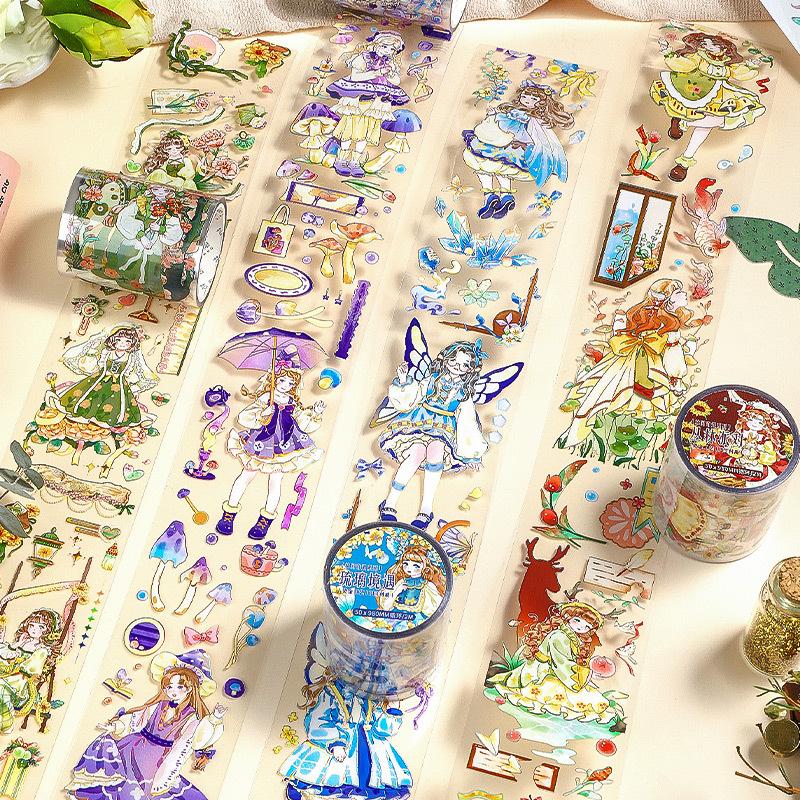 1 Roll 5x200cm Cute Cartoon Lolita Girl Outfit Tape Sticker Sweet Girls with Puff Skirts Bow Details Bright Colors Self-Adhesive