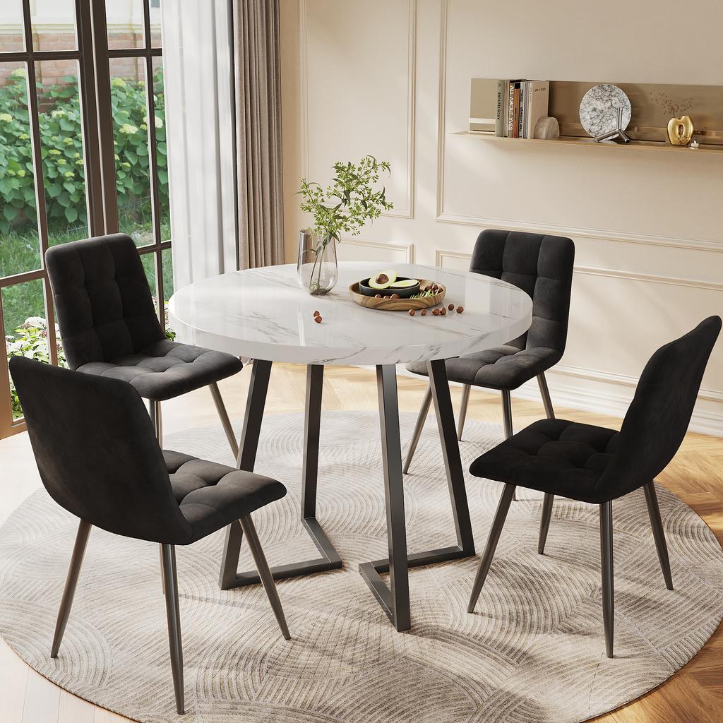 Set tavolo da pranzo moderno (5 pezzi) con 4 sedie, tavolo da cucina rotondo con 80 cm di diametro e gambe in metallo nero, piano in MDF bianco, sedie in velluto nero