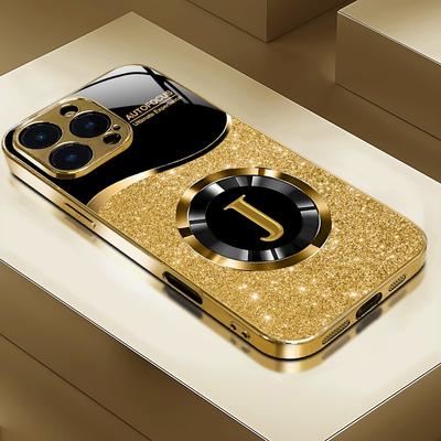 Shining Letter J Pattern Gold Metallic Paint Glass Phone Case For iPhone 17 Pro Max 16 15 14 13 12 11 17Air 15 14 Plus 16E Cover