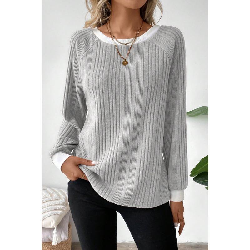 Women Solid Color Ribbed Long Sleeve Round Neck Casual Pullover Sweater