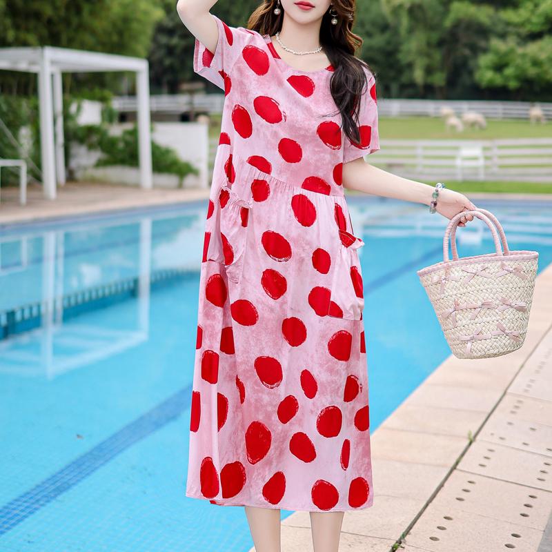 Vintage Print Lange Jurken voor Vrouwen Plus Size Korte Mouw Casual Zomerjurk Elegante Middelbare Leeftijd Dameskleding