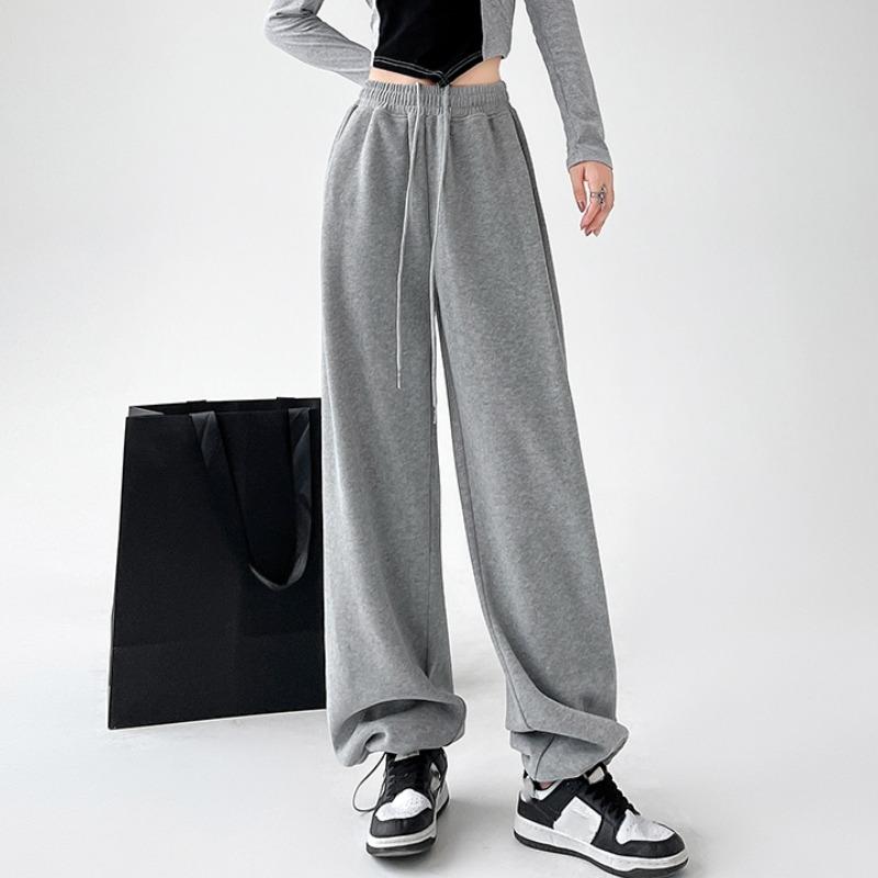 Autumn Sports Casual Loose Wide Leg Pants Women Fashion Solid Elegant High Waist Trousers Women Simple Straight Drawstring Office Ladies Trouser 25681