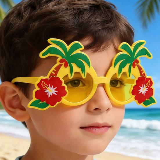 Hawaiian Sunglasses for Party, Summer Beach Glasses with Palm Tree & Hibiscus Flower, Funny Costume Prop Shades for Vacation Photo Booth Decor
