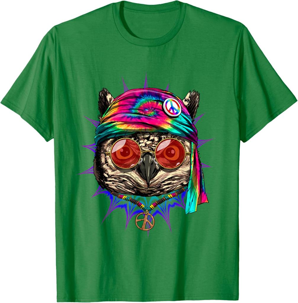 Tie Dye Hippie Owl Graphic Tee Men Casual Cotton Short Sleeve Trip T-Shirt
