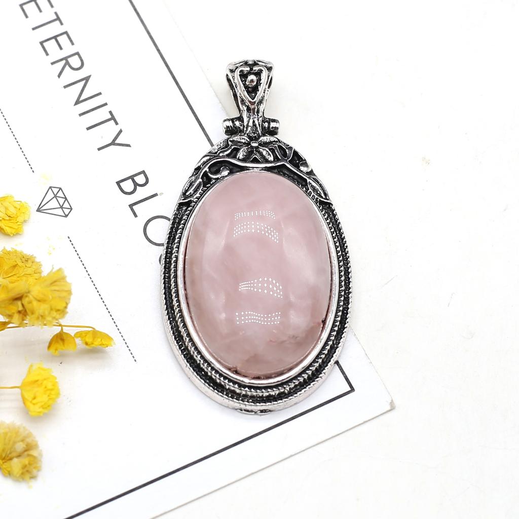 Colgante de piedra natural Collar de estilo vintage Joyería de moda Forma ovalada Gargantilla de aleación Cuarzo rosa Ópalo Jade malasio Ideas de regalos Regalos para amantes