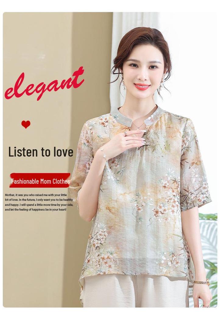 New Women's Chinese Style Summer Chiffon Shirt - Short Sleeve, Mid-Length, Printed Design