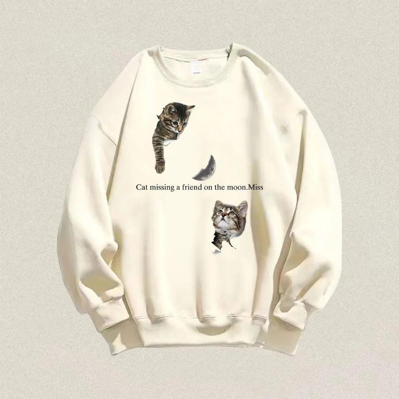Cat Printed Round Neck Women's Hoodie Long Sleeved Loose Fitting Woman Pullover Autumn New Fashionable Versatile Top