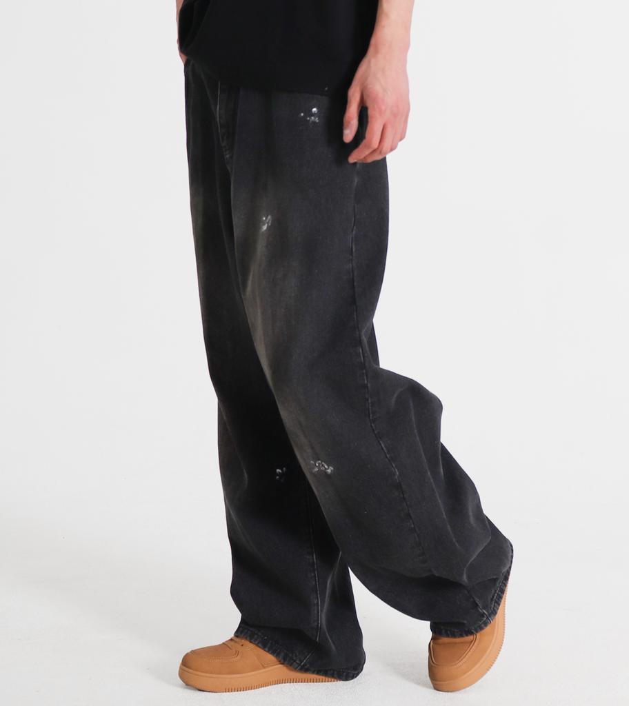 Beoteunseoul Drop Painting Curved Wide Denim Pants [Black Denim]