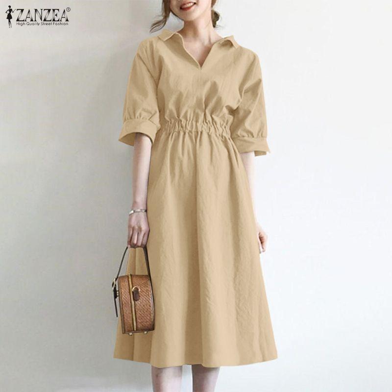 ZANZEA Women Casual Turn Down Collar Solid Color Loose Half Sleeve Dress