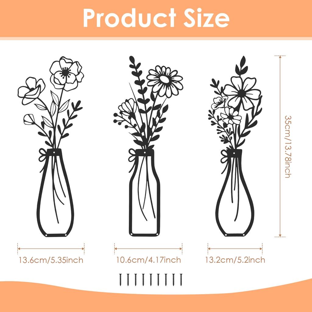 3 Pcs Metal Flowers Wall Art Exquisite Metal Vase Wall Decor Floral Ornaments Rustic Farmhouse Decor for Living Room Bathroom