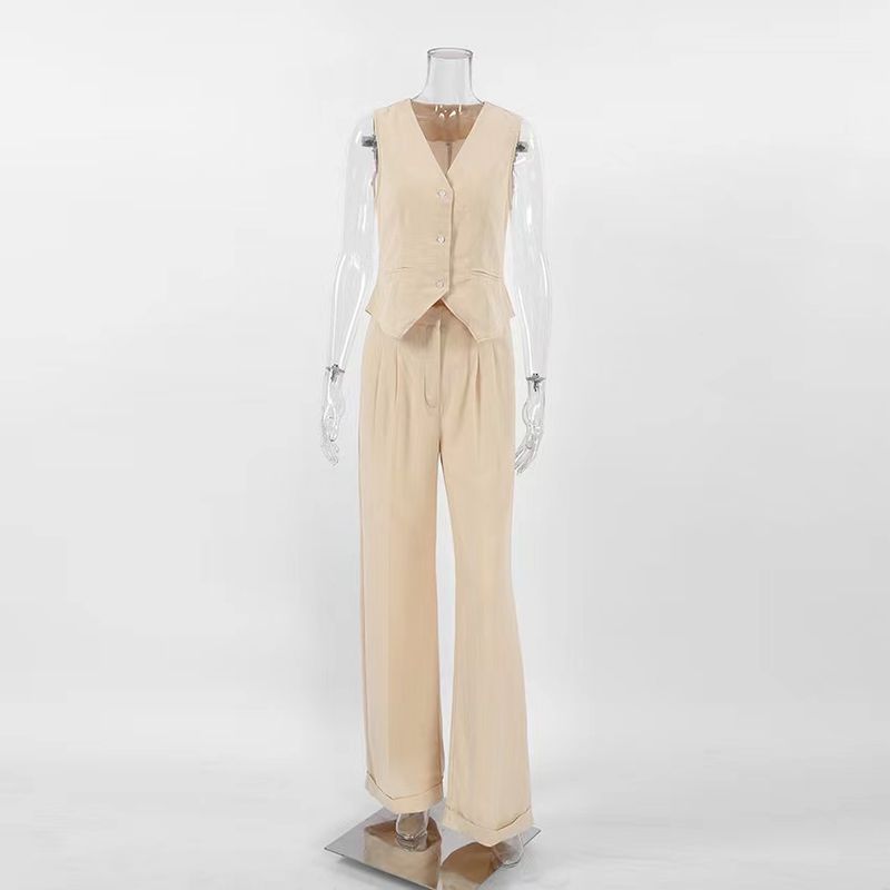 

Fashion New Arrival Summer Casual Stylish Sleeveless Vest Pants Suit Tank Top Long Pants Set Beige L