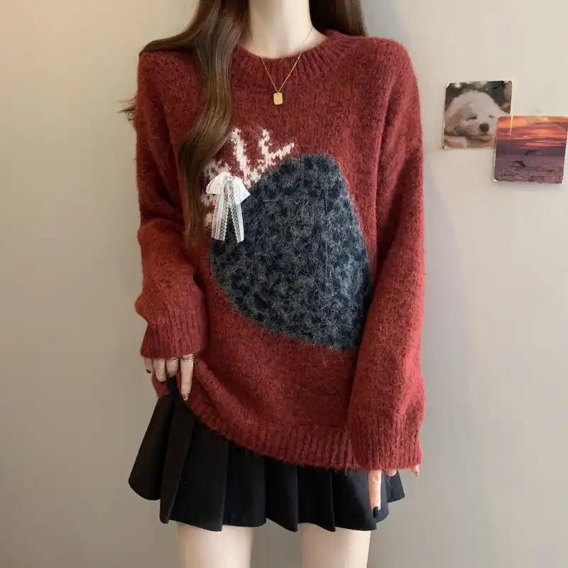 Autumn Winter College Style Soft Waxy Jacquard Fashionable Knitted Sweater Korean Thickened Round Neck Bottoming Shirt Top