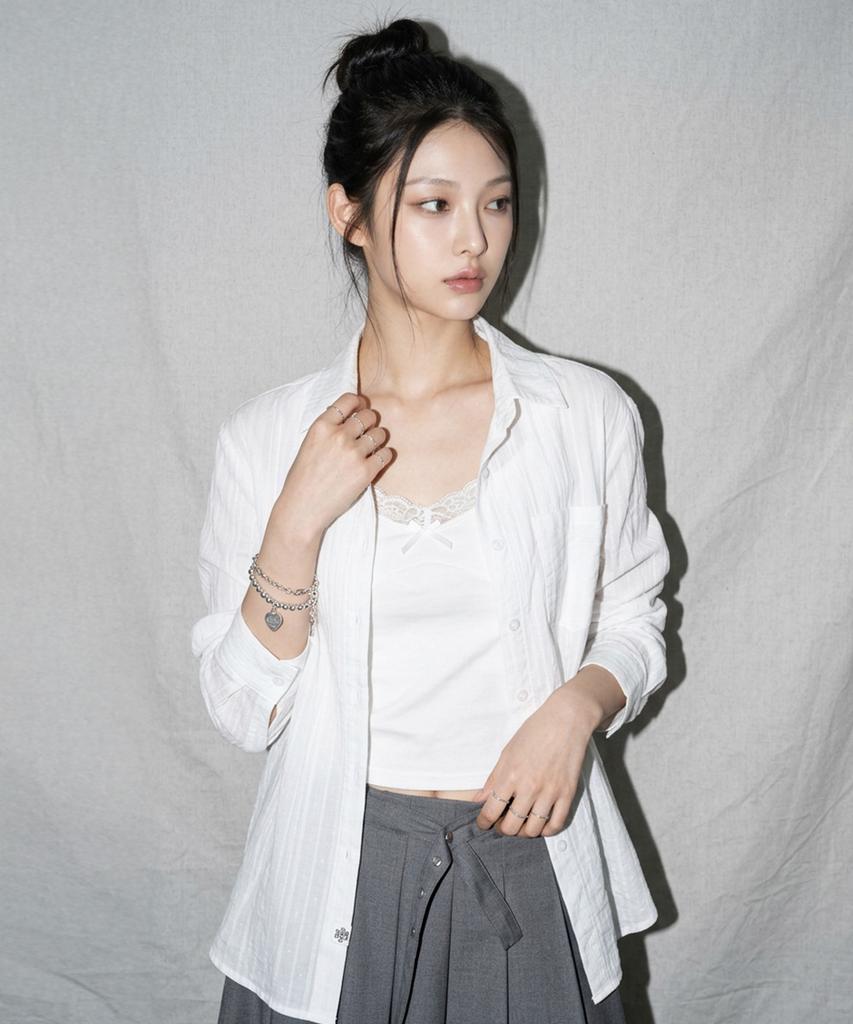 THE GREEN LAB Dot Loose Fit Shirt Top Set [White]