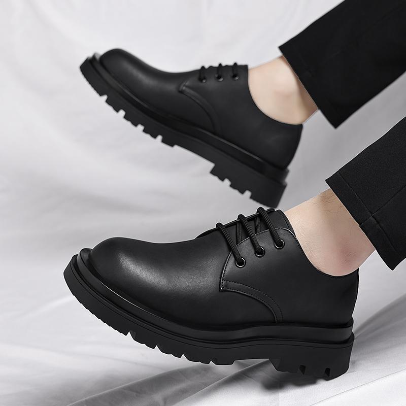 Black Men's Leather Shoes Trendy Youth Brand Styles Leisure Business Office Thick Soled Adult Shoes Minimalist Versatile