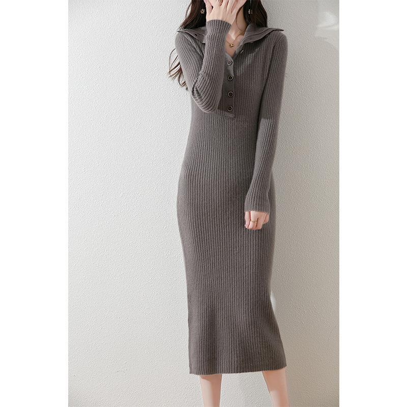 Elegant stacked collar knitted primer dress for women's autumn and winter new long over-the-knee sweater skirt for women