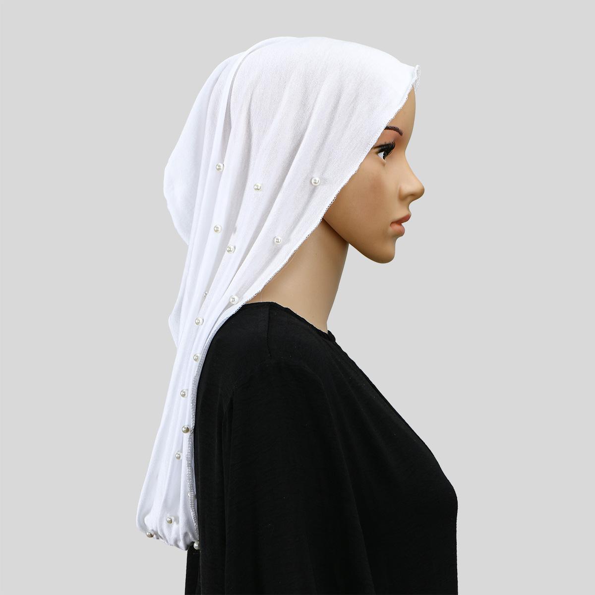 

Muslim Women Turban Hijab New Ramadan Pearl Decor Solid Color Pleated Head Wraps Elastic Beanies Hijab Hat Classic Headscarf