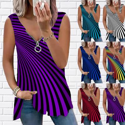 Women's Top Summer New Fashion Purple Fan Printed Casual Plus Size Sleeveless Zipper V-neck Top Tank Top for Women