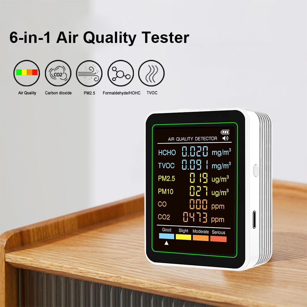 6 In 1 Air Quality Monitor Multifunctional Automatic Display CO2 TVOC HCHO PM2.5 PM10 CO Detector Home Office Air Quality Tester