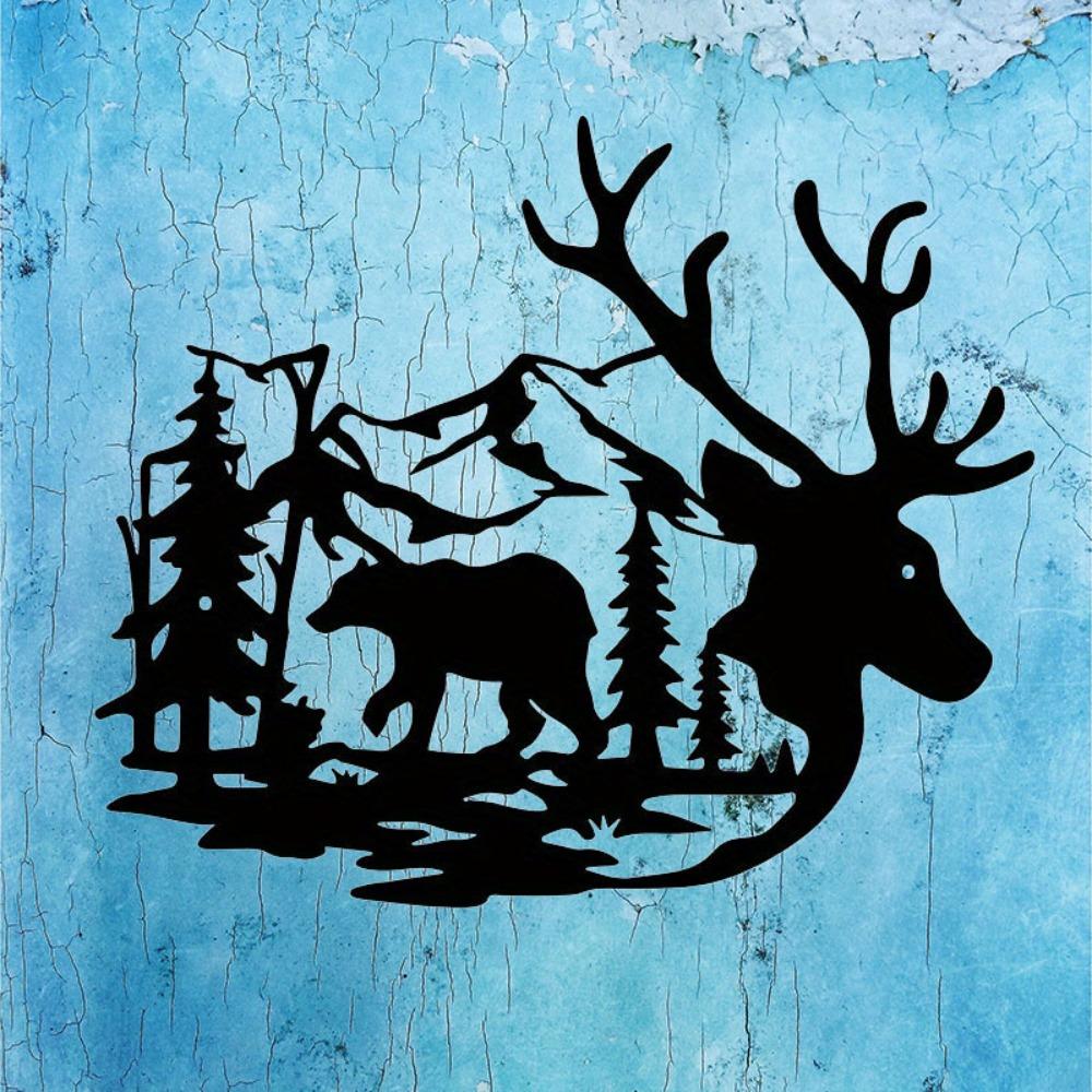 Wanddeko Wildtiere - Hirsch und Bär im Wald Kieferbaum Metallschild für Wohnzimmer- und Bürodeko
