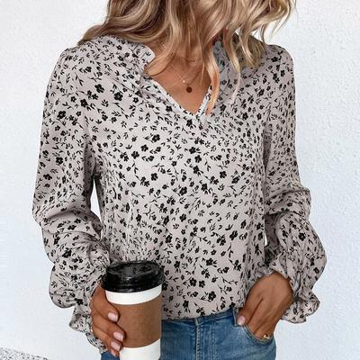 2023 Casual Gevşek Bayan Uzun Kollu V Yaka Bayan Gömlek Tops Moda Çiçek Şifon Bluz Kadın Ruffles Giysileri 28421