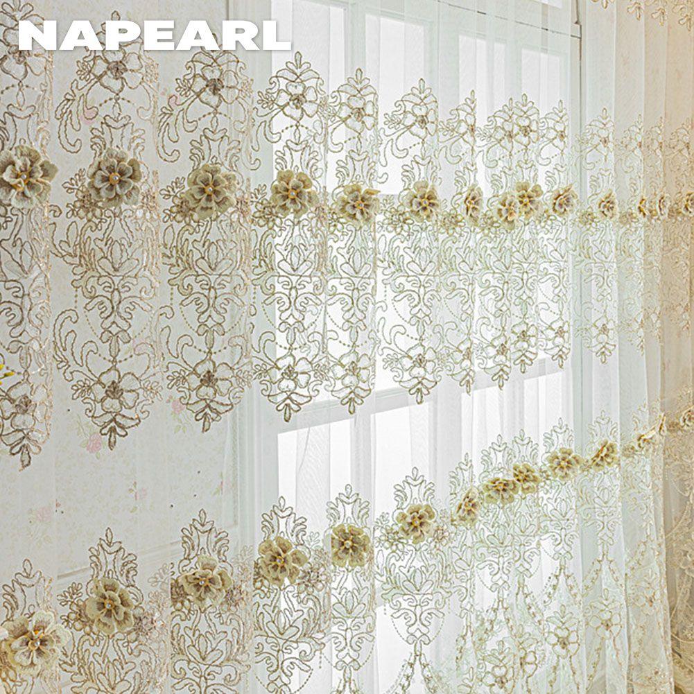 1 ks NAPEARL Luxusný priehľadný tyl s trojrozmernou výšivkou v európskom štýle pre dekoráciu okien obývacej izby, spálne, bytový dekor