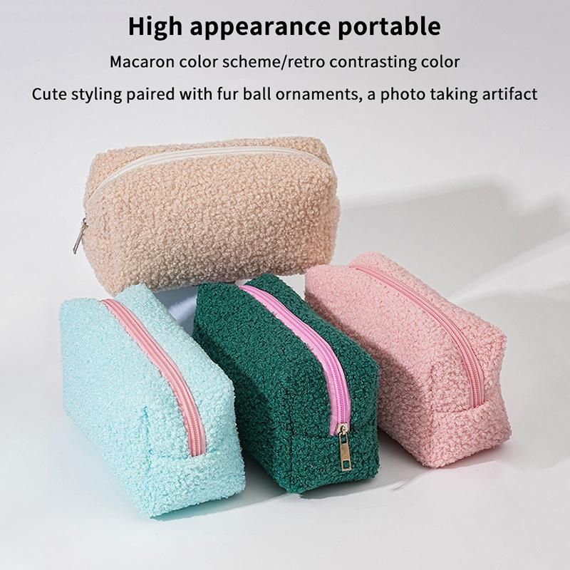 2026 Cute Zipper Plush Large Solid Color Cosmetic Bag Makeup Bag For Women Travel Make Up Toiletry Bag Washing Pouch Pen Pouch