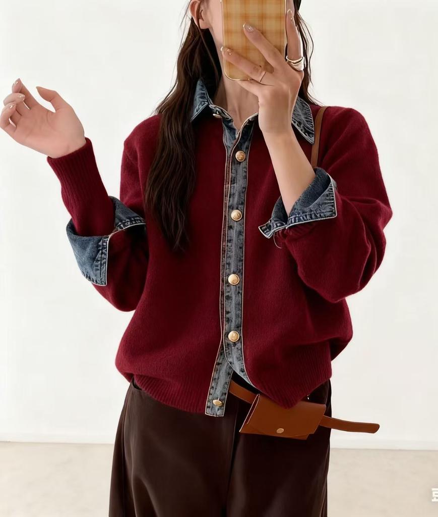 Women's Long Sleeve Knit Top O Neck Japanese Casual Sweater Faux Denim Patchwork Cardigan