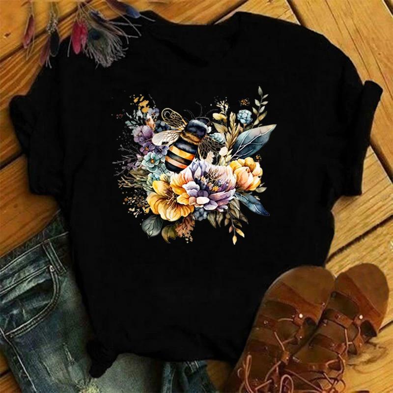 Fashion Flower Bee Print T-Shirt Girl T Shirt Soft Print Top Unisex Tee Clothing Casual O-Neck Short Sleeve