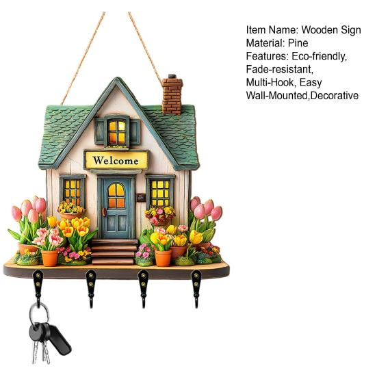 Hängendes Schild 'Feenhaus' aus Holz, Schlüsselhalter im Landhausstil Wanddeko mit 4 Haken, Vintage Blumen-Hängegestell für Eingangsbereich Flur Küche