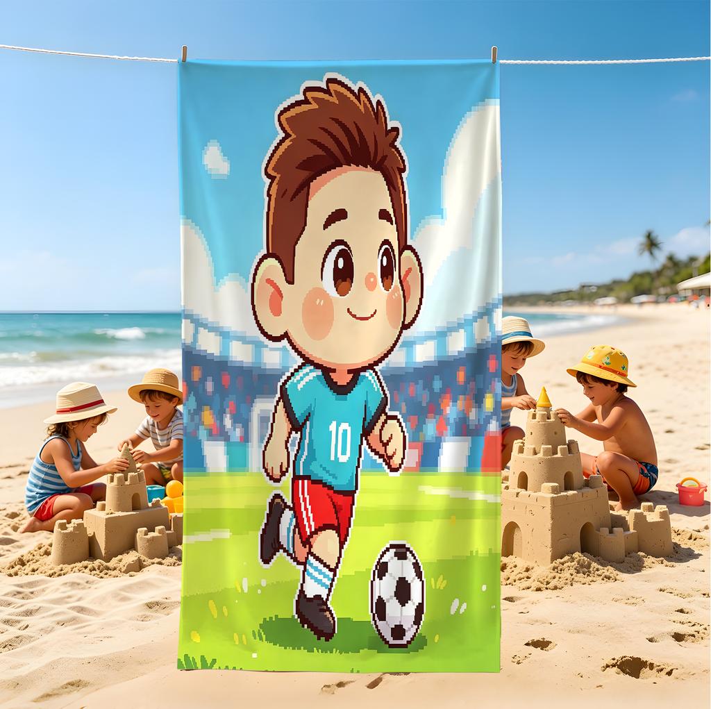 Chibi Cartoon Soccer Boy Beach Towel, Wrinkle Resistant, Adorable Print Towel For Family Travel & Beach Days