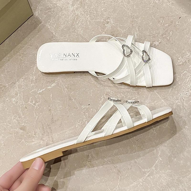 

Fashion 2025 Summer New Square Head Open Toe Metal Buckle Thin Soft Sole Anti-slip Wear-resistant Slippers Cross-woven Fashion Commute 35 белый