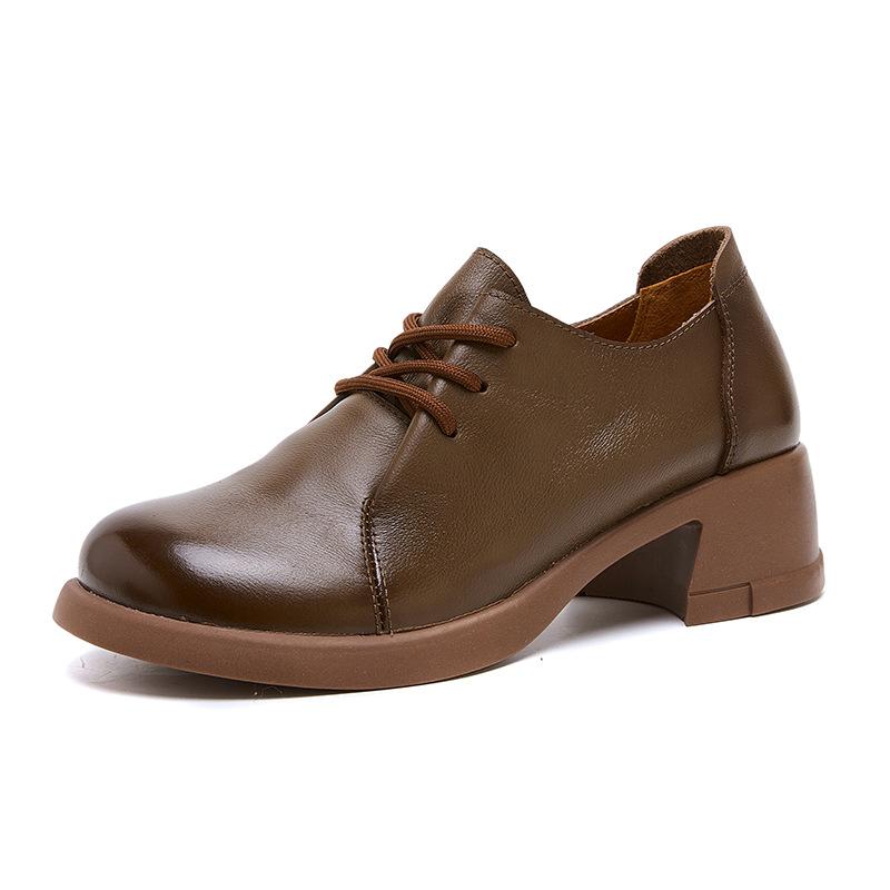 

Spring Chunky Heeled Small Leather Shoes Casual Hundred Single Shoes Soft Bottom Soft Surface Round Head Retro Mom Shoes 41 коричневий