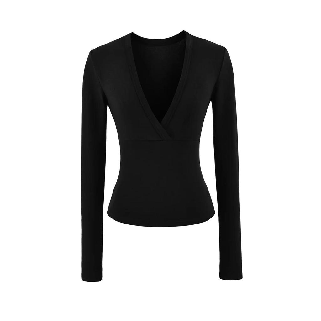 Women's Spicy American Deep V-neck Waist-cinching Long-sleeve T-shirt - Slim Fit for Autumn
