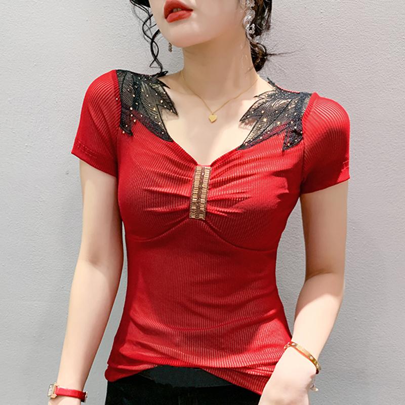 Fashion New Summer Short Sleeve V-Neck Slim Women T-Shirt Women Tops Tees J383