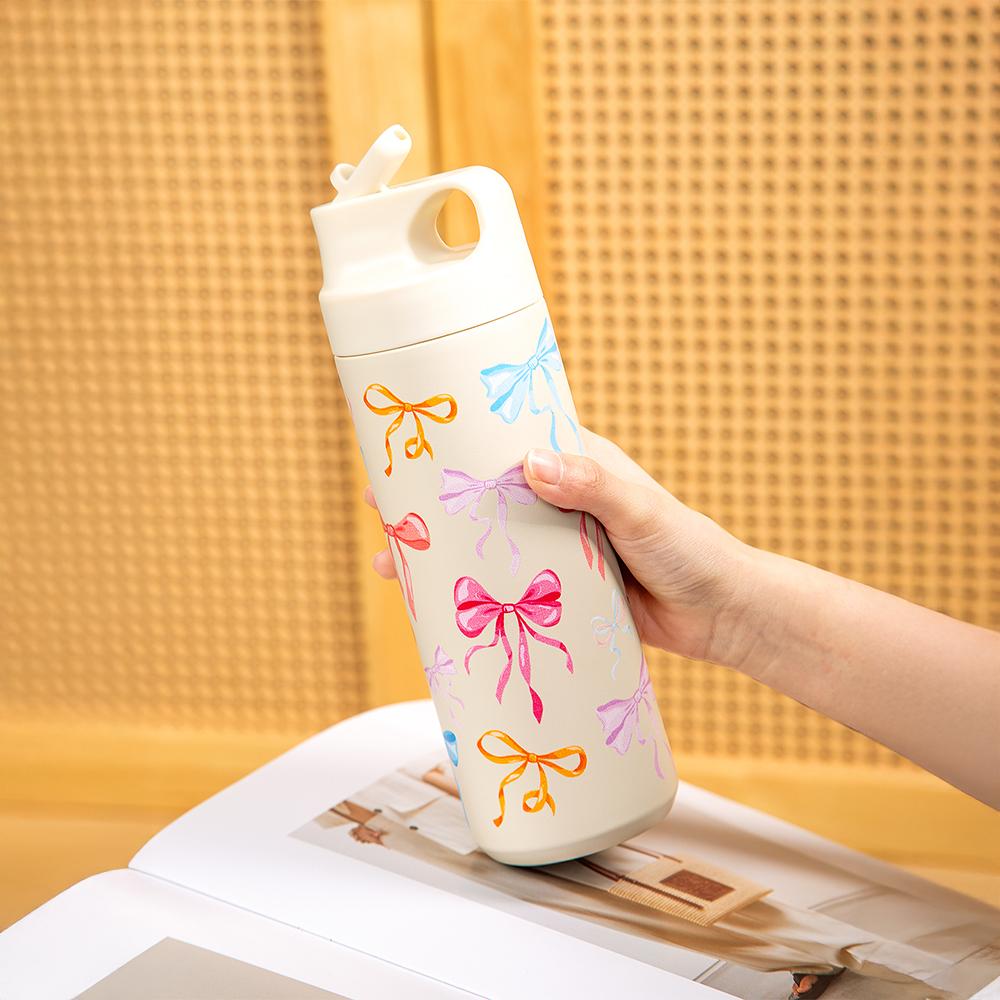 

Изолированная чашка из нержавеющей стали с крышкой-соломинкой, стаканы с бантом и принтом, кофейные чашки для подарков на свадьбу 501-600ml