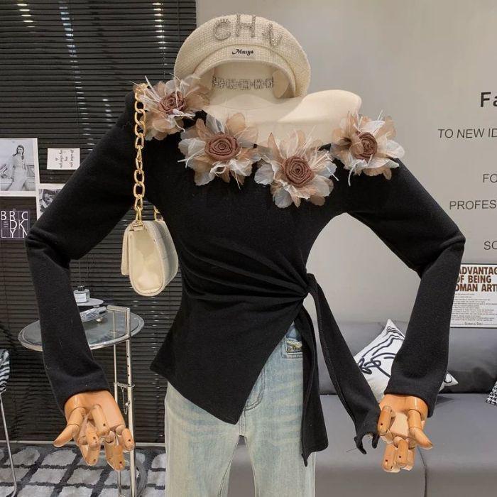 

Женский облегающий топ с открытыми плечами и длинными рукавами в цветочек Medium