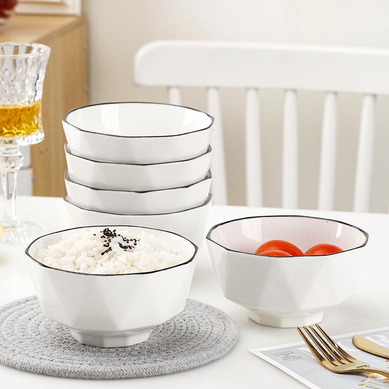 Luxury Rhombus Ceramic Rice Bowl Set - 6-Piece Pure White with Black Lines Design Standard Size
