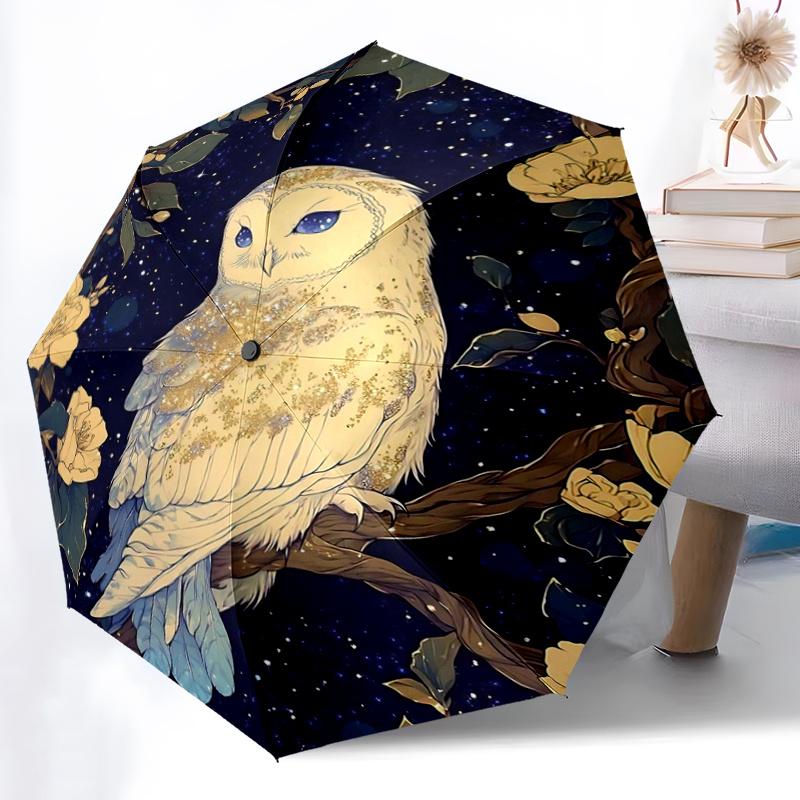 1pc Owl Enchanted Night Pattern Beautiful Looking Automatic Folding Umbrella, 3 Folding, 8 Iron Frame Design, Durable and Suitable for Travel and