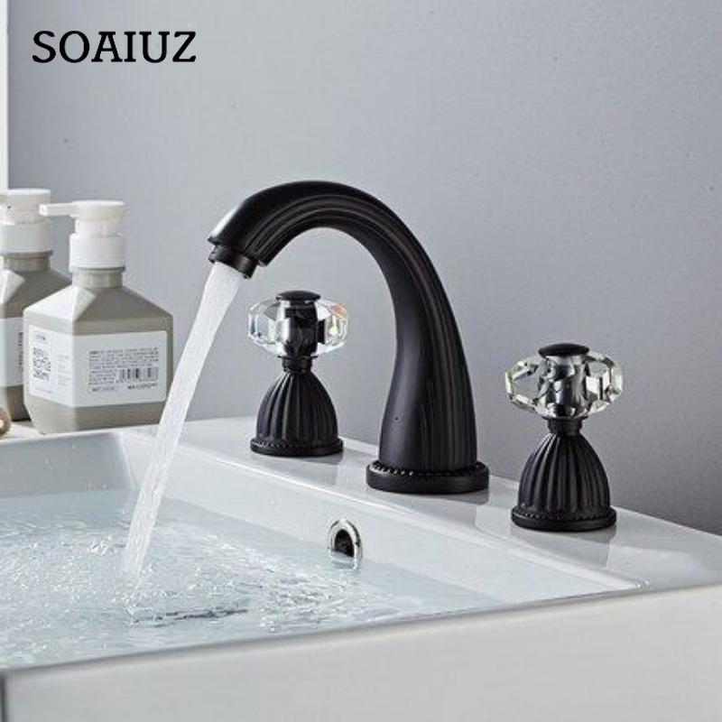 Bathroom Basin Faucet Black Sink Tap Brass Gold Faucet Bathroom Sink Faucet 3 Hole Crystal Handle Hot And Cold Water Tap