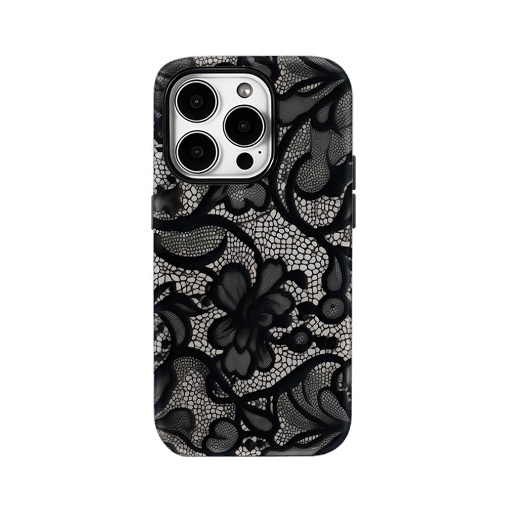Luxury Black Lace Pattern Phone Case for iPhone 16 15 14 13 12 11 Pro Max Plus Luxury Magnetic Double-layer Back Cover