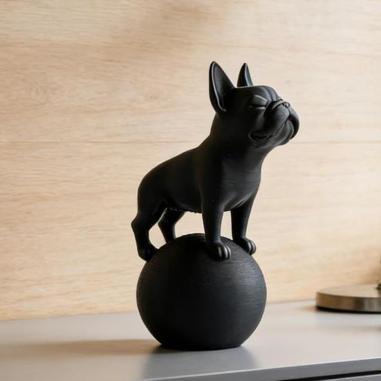 Standing on Ball Bulldog Figurine 3D Printed Black White Dog Statue Sculpture Home Office Desktop Decoration Ornament