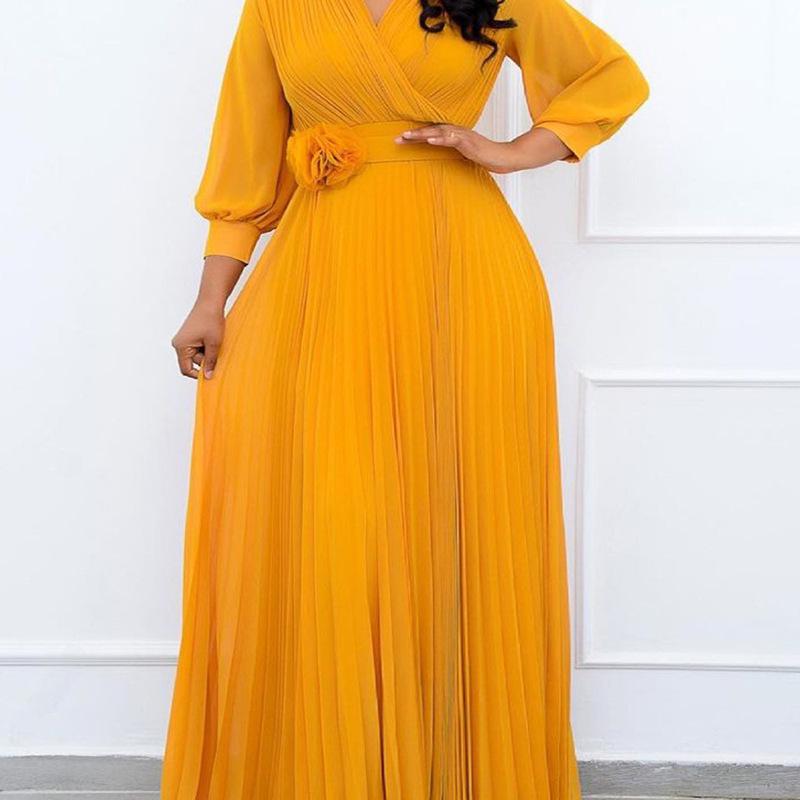 

Patchwork High Waist Long Dress with Belt - Plus Size, Loose Fit L жёлтый