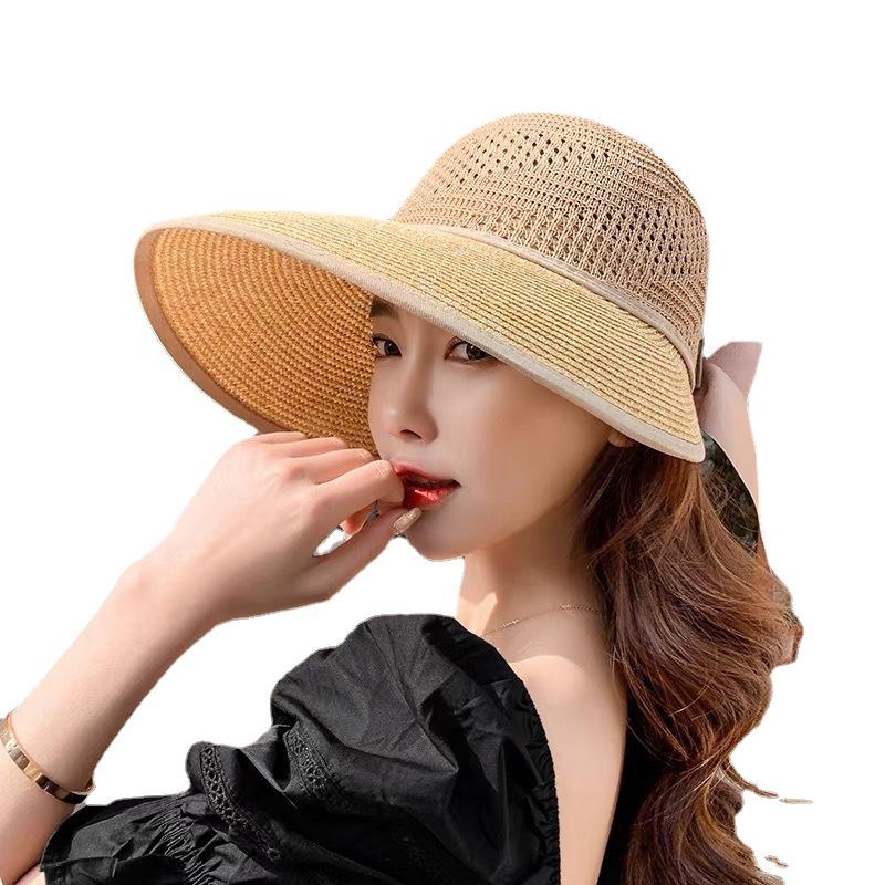 Mori Style Women's Wide Brim Straw Hat with Bow and Satin Ribbon, Sun Protection for Summer Travel and Beach Outings.