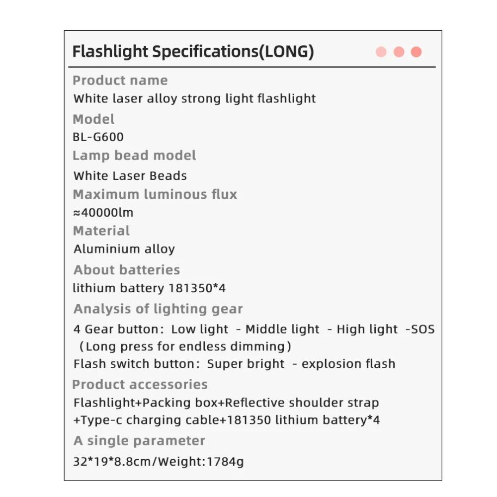 New Powerful G600/601 LED Flashlight Zoomable Spotlight with Power Display Type-c Charging Outdoor Emergency Camping Lantern