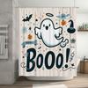 Boo Halloween-themed shower curtain featuring ghosts and pumpkins decorative bathroom accessory for spooky season (Item #12345