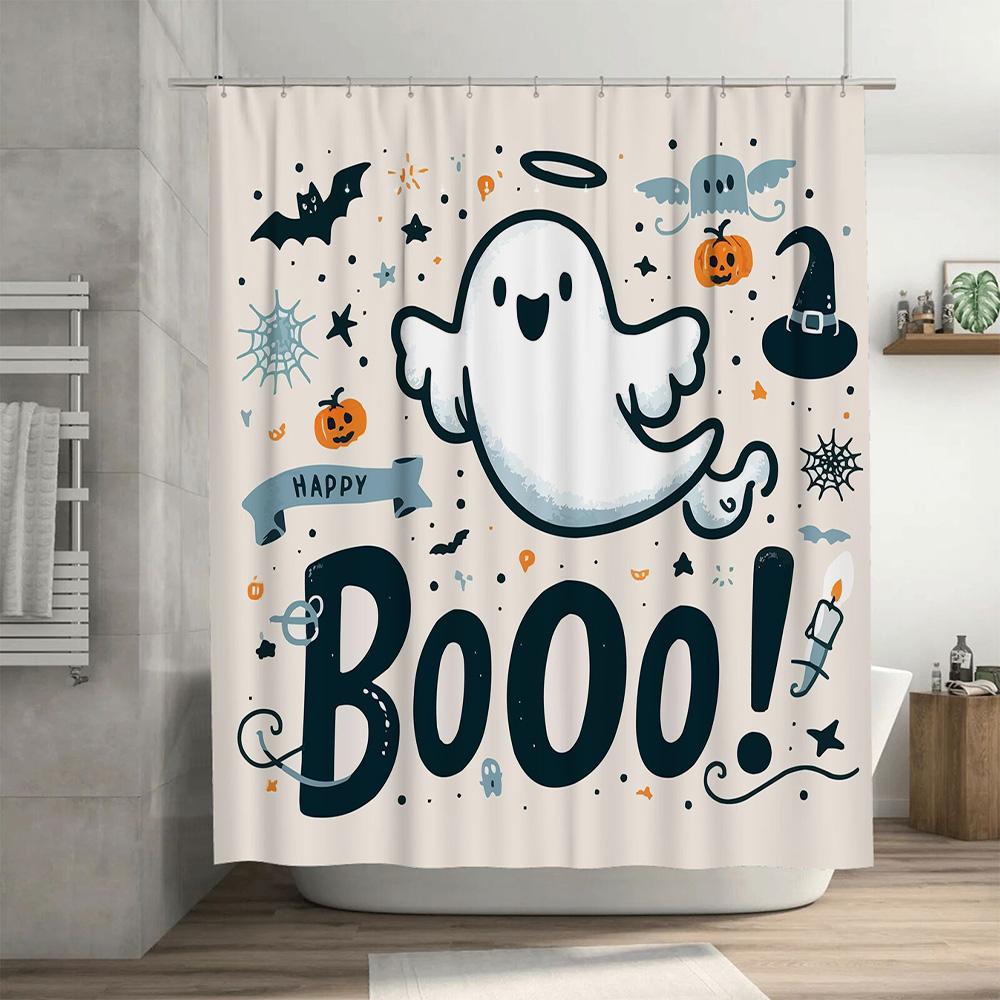 Boo Halloween-themed shower curtain featuring ghosts and pumpkins decorative bathroom accessory for spooky season (Item #12345