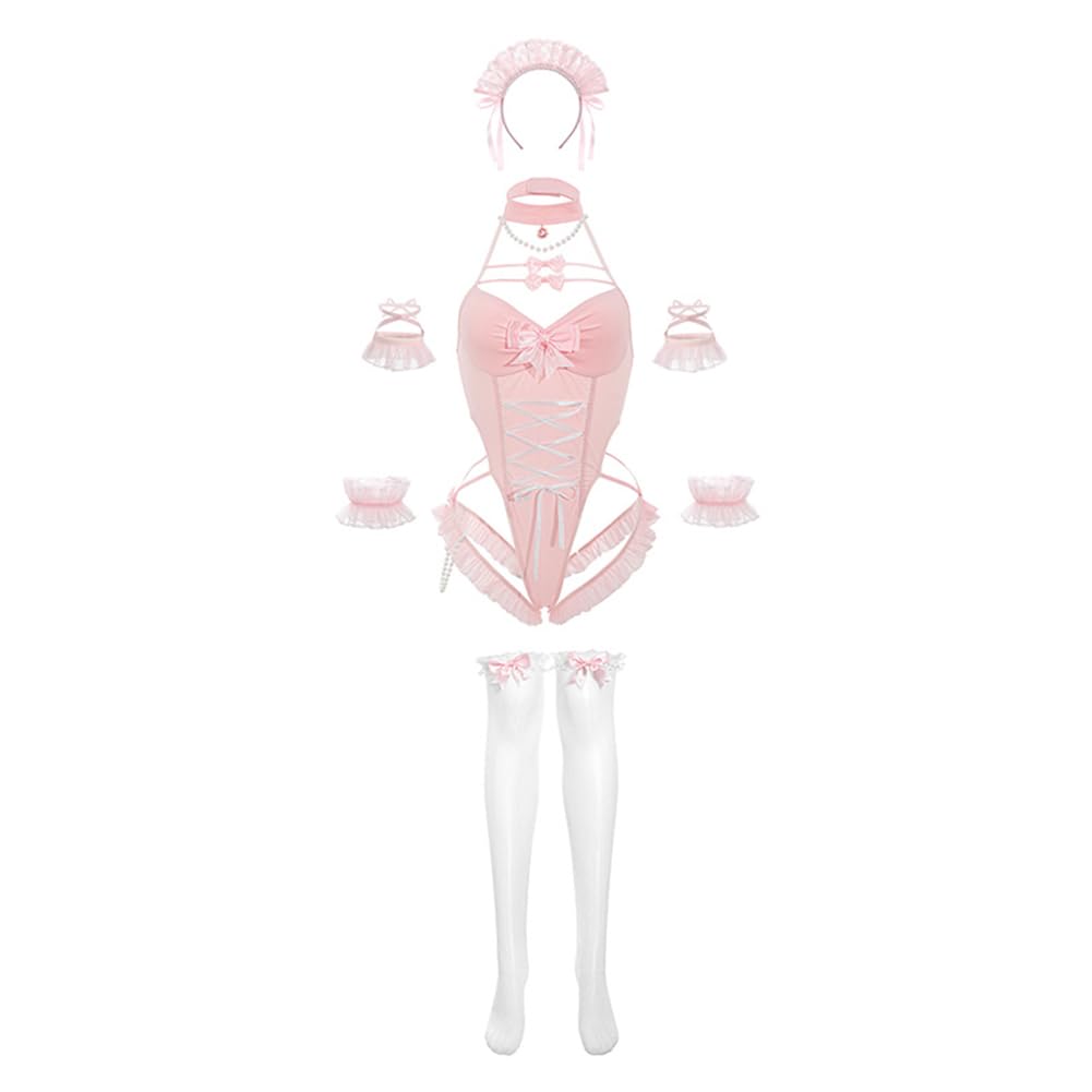 SENMHS Sexy Maid Cosplay Lingerie Open Erotic and Cute Pink Ruffled Costume with Stockings and One Perfect for and Events Set, See-Through, Crotch,