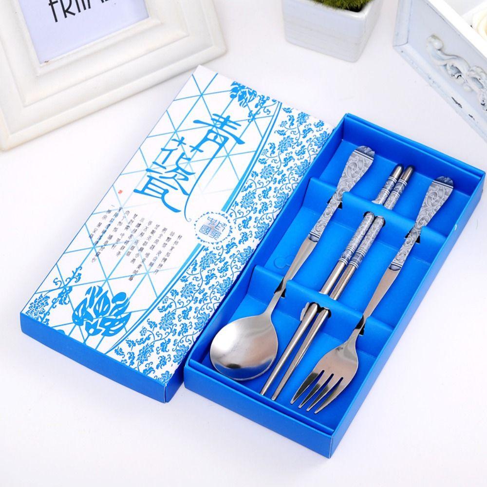 

3 шт./компл. портативный набор посуды из нержавеющей стали, набор столовых приборов в китайском стиле, подарок синий