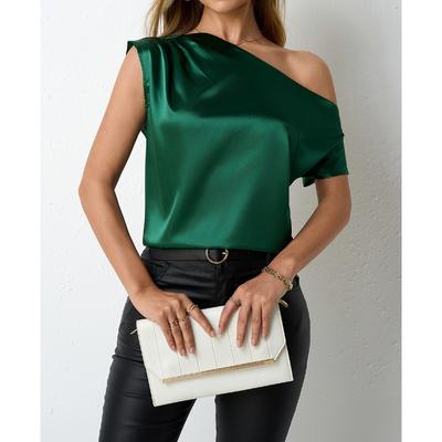 Dames Lente en Zomer Satijnen Shirt Simulatie Zijde Irregulair Diagonaal Schouder Eendelig Kraag Mouwloos Blouses & Shirts