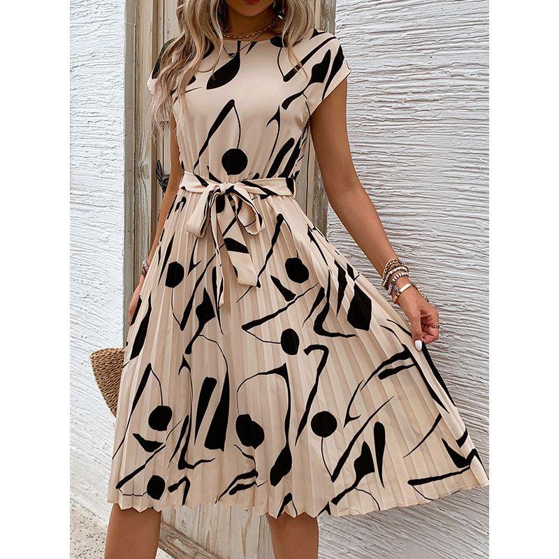 Printed round Neck Lace up Casual Dress Print round Neck Tied Dress